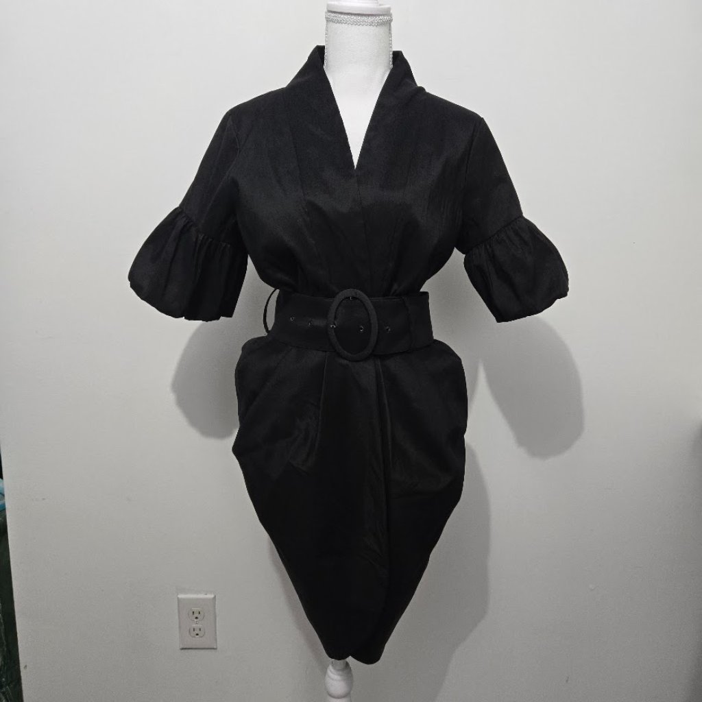 Samuel Dong Black Belted Tulip Coat Dress Size S Puff Sleeve Jacket Formal Event